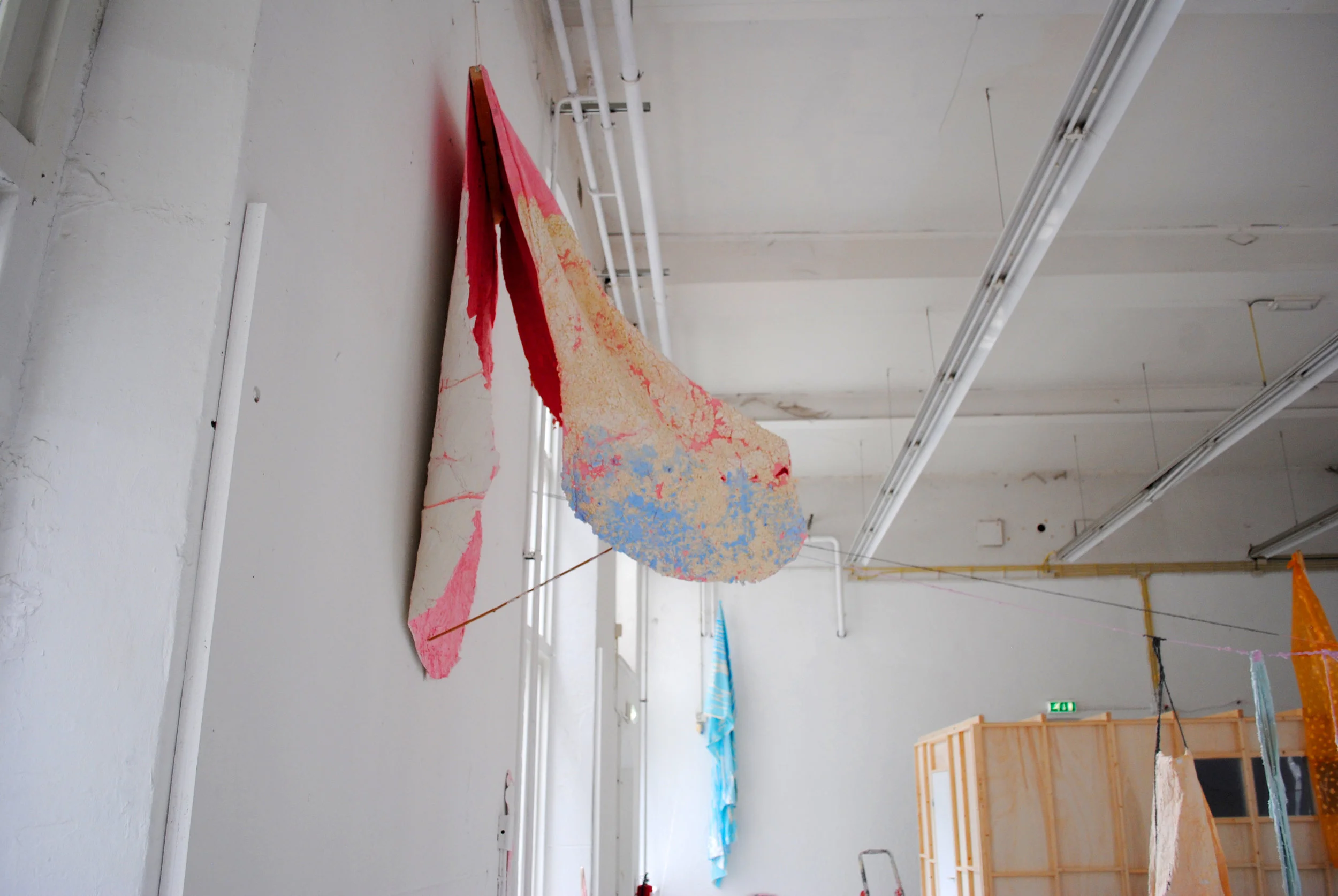 Detail: Pink Patch - Colored chalk, textiles, wax, plastics, various paints, wood, 2400 x 1100 cm, graduation show MAFAD Maastricht, 2014