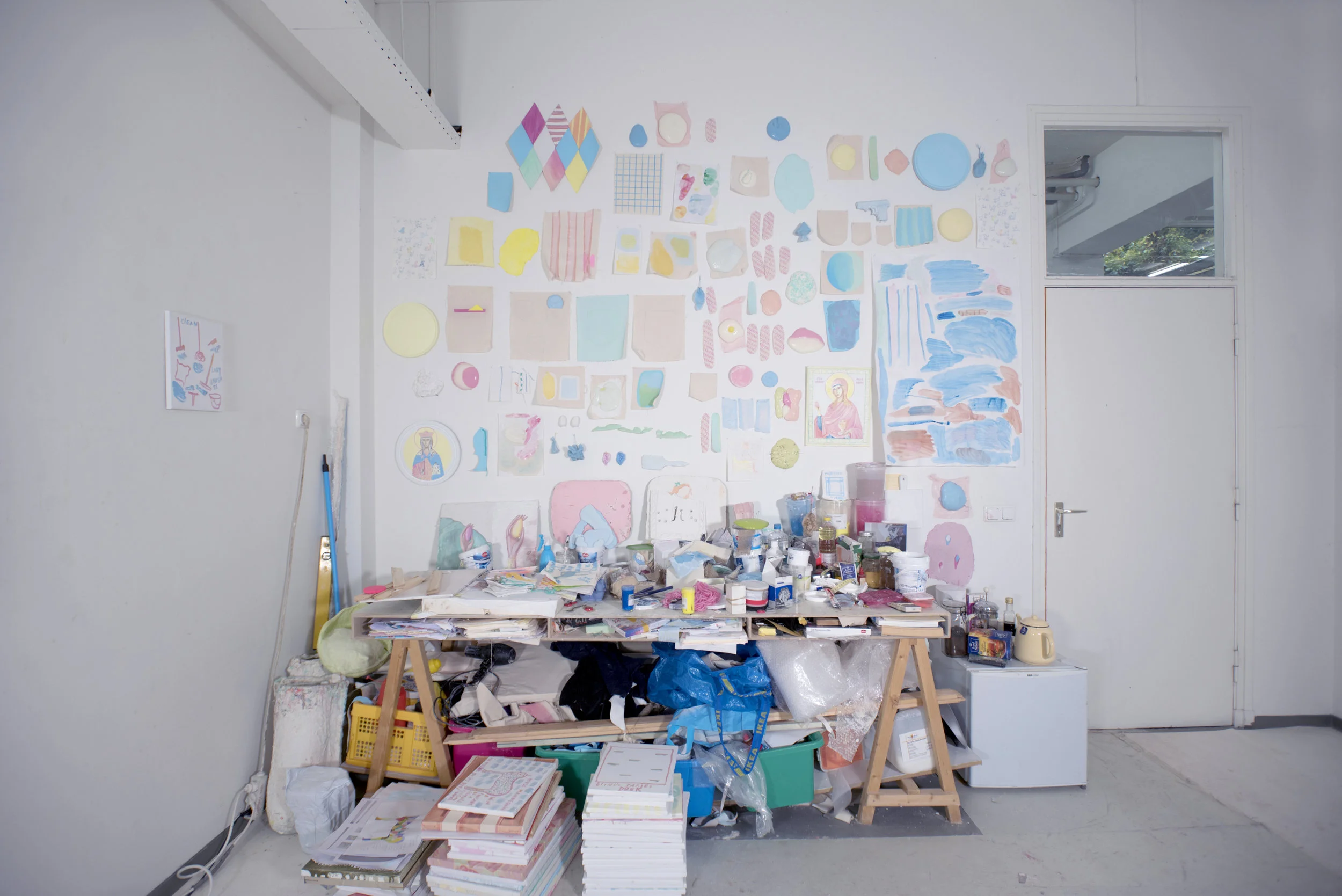 Studio view 2017 - 2018 - Wall with tests, mixed media, Van Eyck Maastricht, 2017