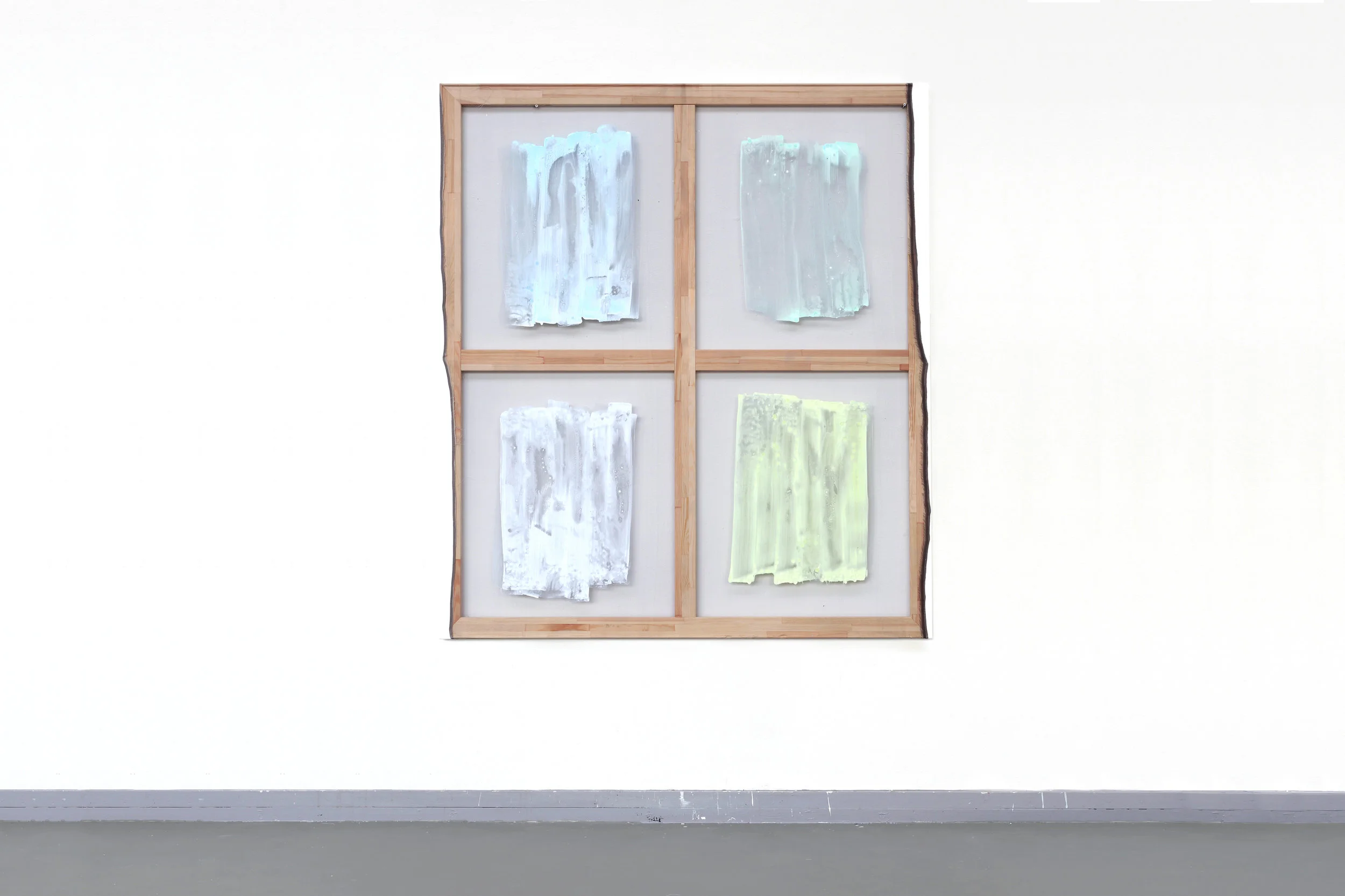 Testdoek 7 - Egg-tempera and primers on stitched transparant fabric and canvas, 170 x 150 cm, 2018