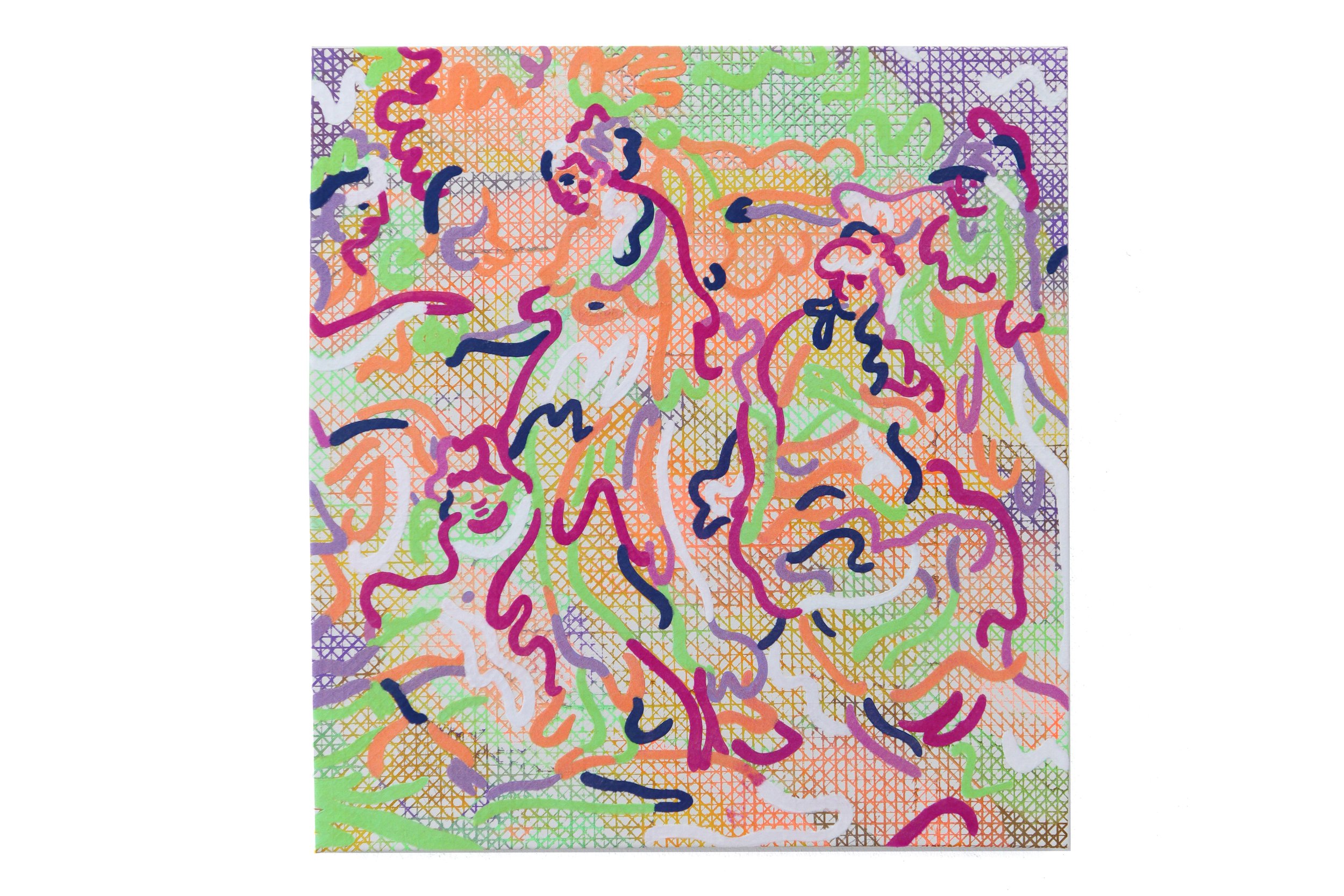 Threadingdoek: El juicio de Paris, Angelica Kauffman - Puff-inkt en flock op doek, 70 x 75 cm, 2023