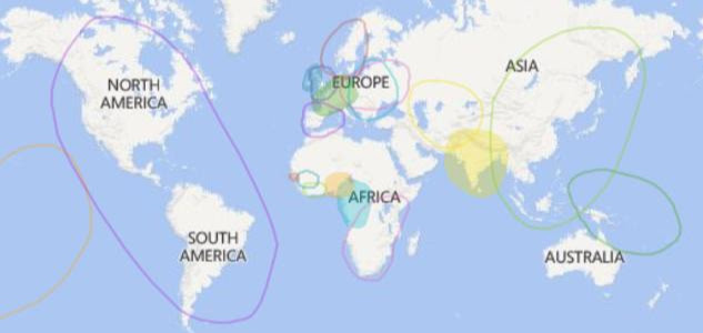 My wife's ancestry map. Again, the darker the shading the more ancestry from that region. Outlined regions indicate lower percentages and trace readings.
