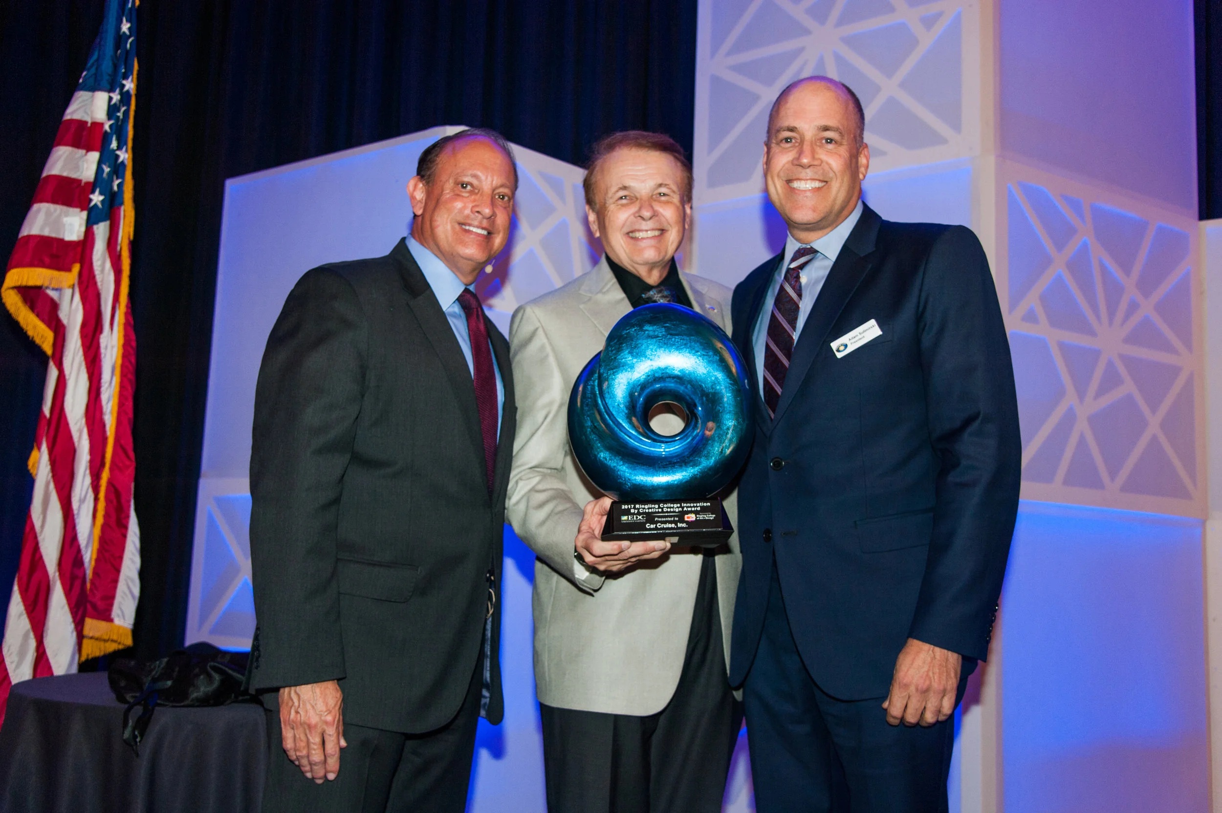 Left to Right: Mark Huey, President of the Economic Development Council; Larry Thomson, President of Ringling College of Art & Design; Adam Sulimirski, President of Cruise Car, Inc.