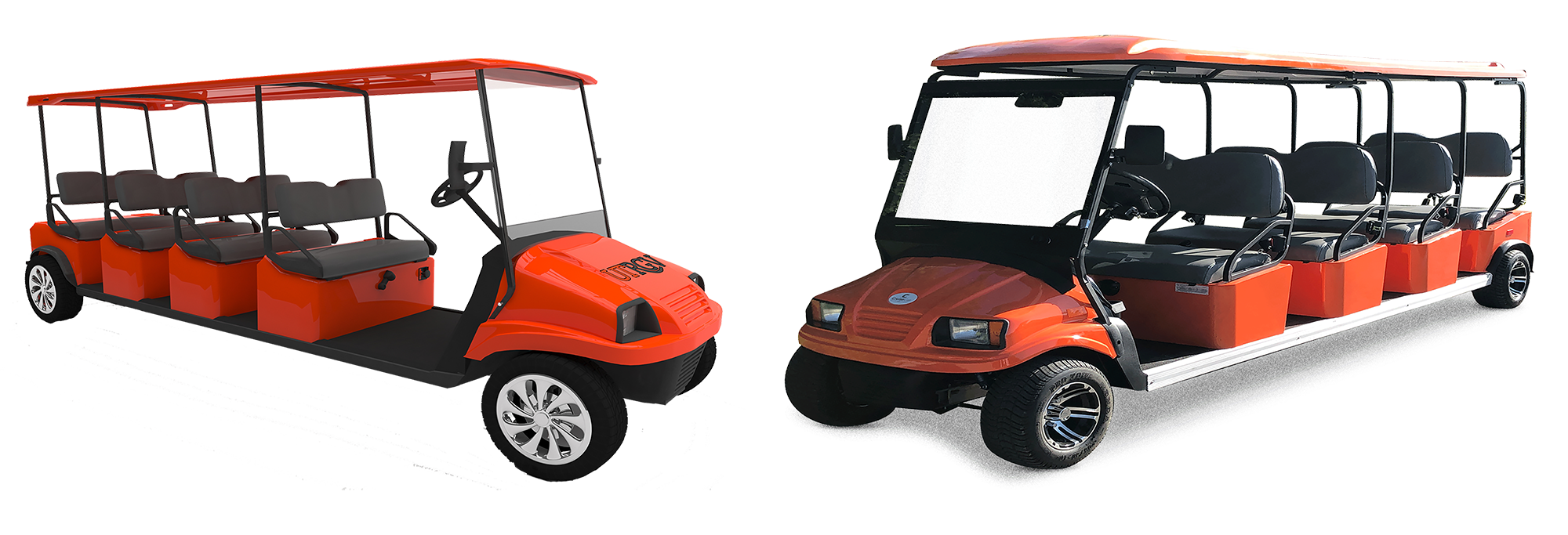 Digital Rendering Design for Texas Shuttle System (Left) - Vehicle Built by Cruise Car (Right)