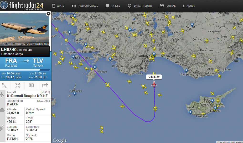 Turkey has probably better re-routing options than Cyprus. (image credit: FlightRadar24 via @TheHUBRoutes on Twitter )