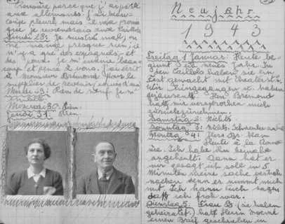 Page from the diary of Peter Feigl, a Jewish child hidden in the Protestant village of le Chambon-sur-Lignon. The photos show his parents, who perished in a concentration camp. The text is in French and German. Le Chambon-sur-Lignon, France, 1942-1943.