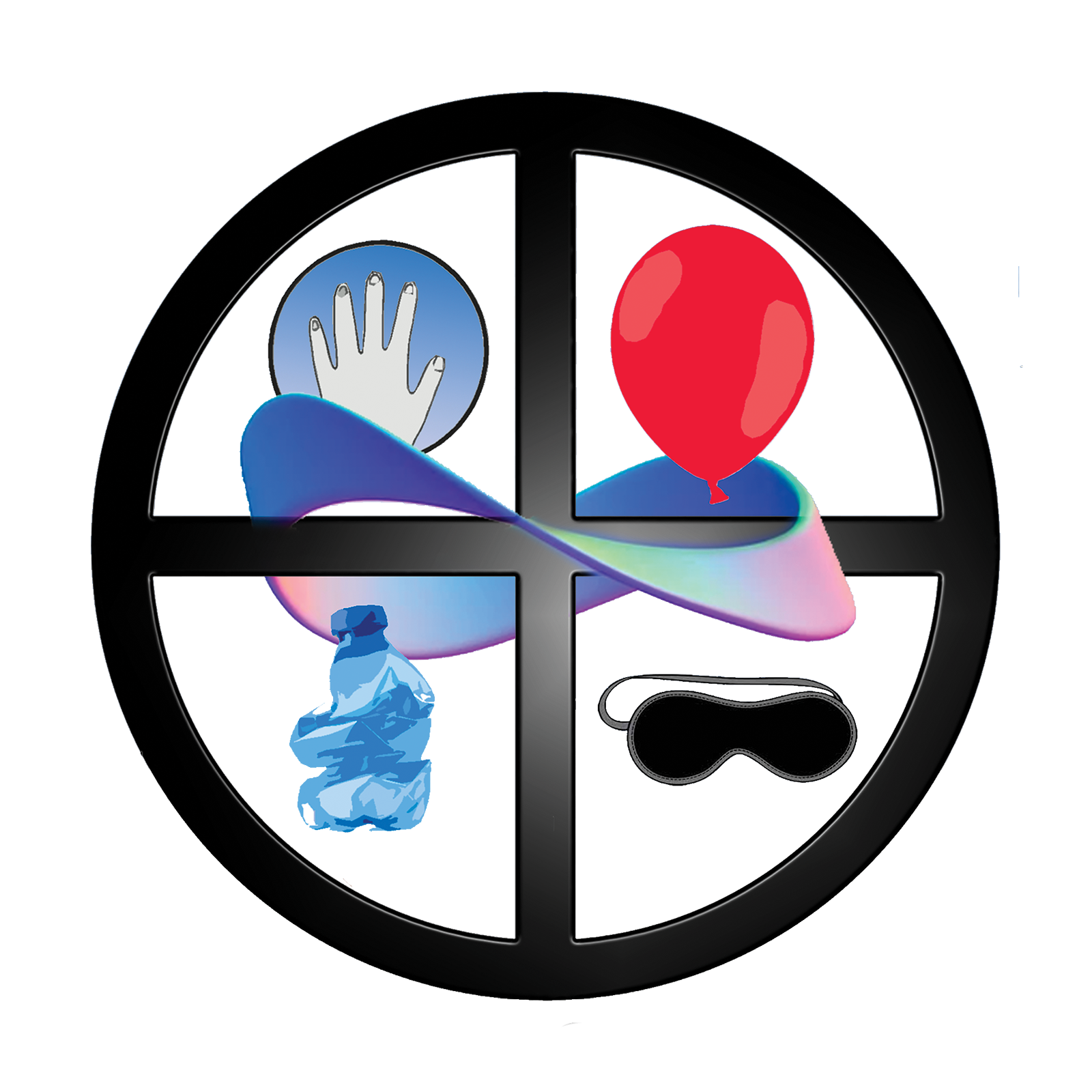 Чорний круглий об'єкт, розділений на чотири квадранти, що містять білу руку, червоний повітряну кульку, синю гору і чорну маску для сну.
