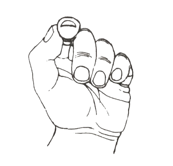 Ескіз руки, що тримає невеликий предмет, можливо таблетку або монету, на чорному тлі.