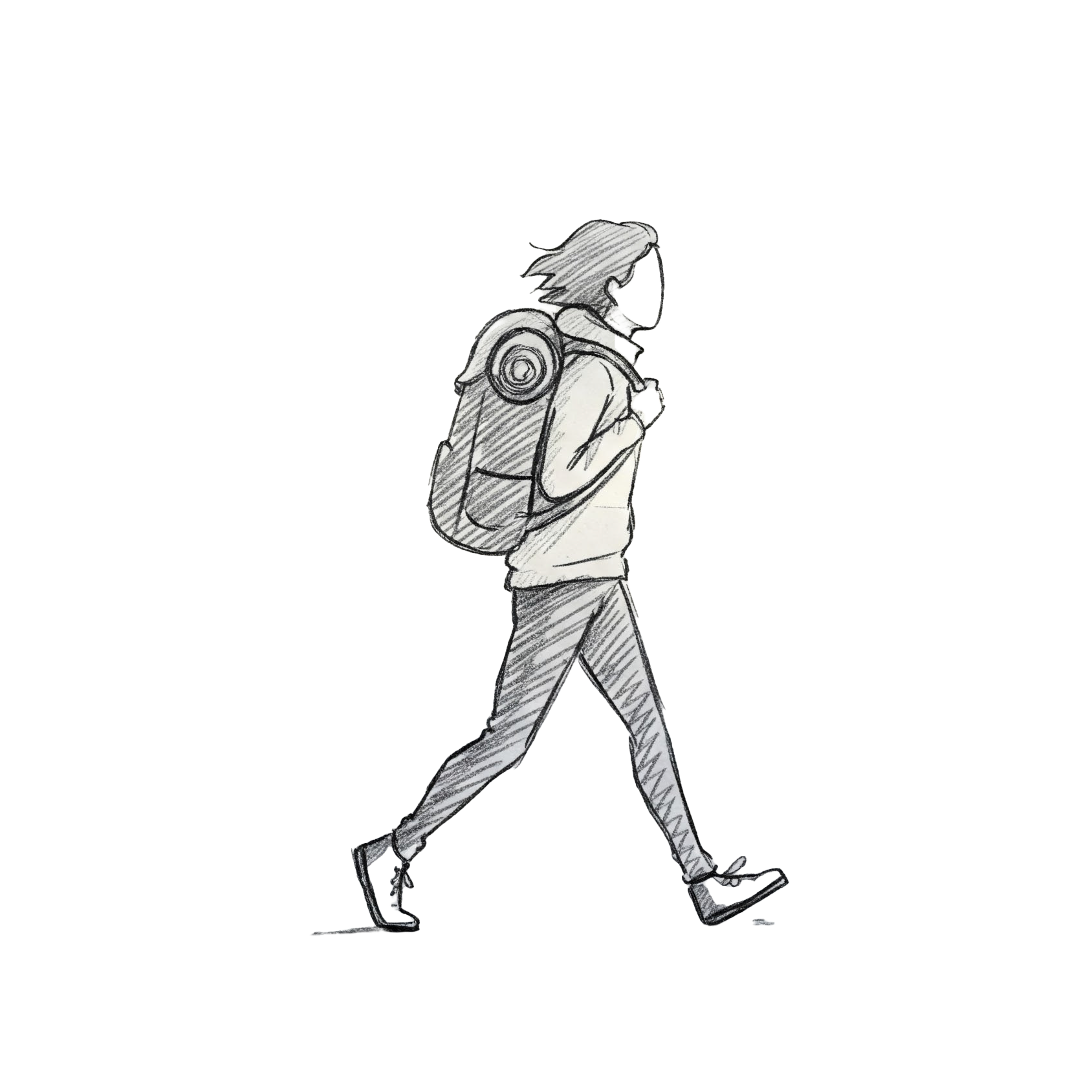 A hand-drawn sketch of a woman walking with a backpack, facing to the right.