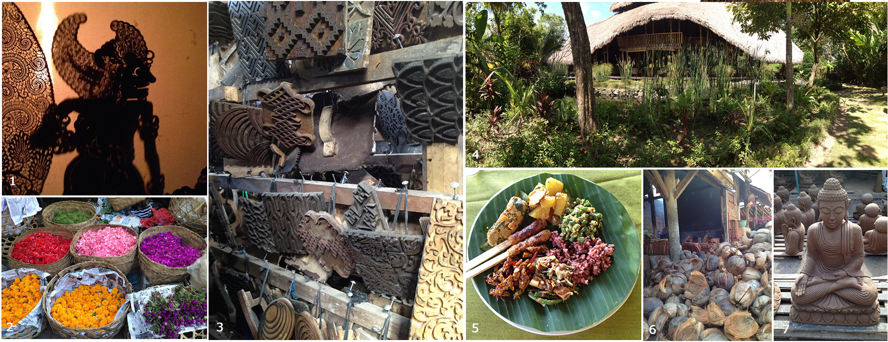 1. Shadow puppet evening preformance 2. Flower petals as offering materials at the Ubud Market 3. Batik Stamps at a production village 4. Five Elements restaurant and spa where we had lunch 5. Meal we made in cooking class 6. Coconut husks used as fuel for kiln firing roof tiles 7. Buddha drying in the sun at statuary production village.