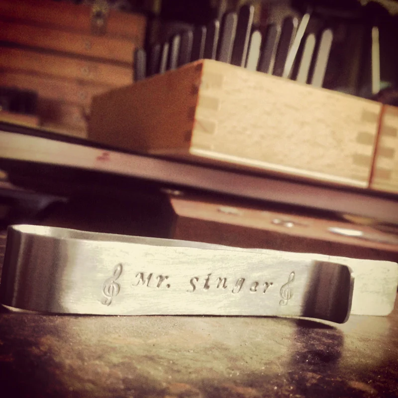 Over-sized sterling silver hand stamped tie bar for Mr. Singer of Sharp Cookies. 