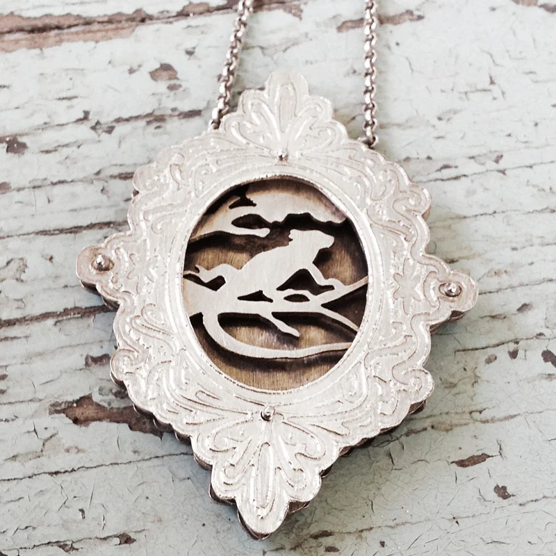 Large etched shadowbox necklace with lizard on a tree limb for Sue Foster.