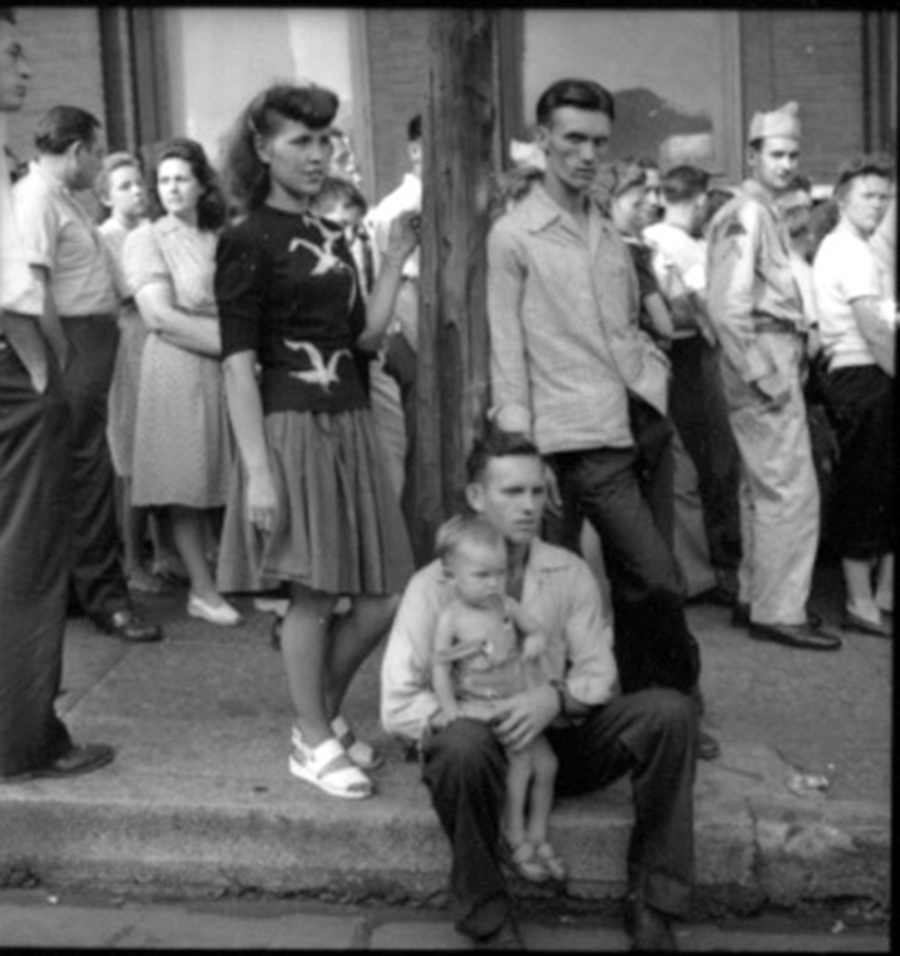 Man Sitting on Curb with Baby on Lap, Opry Series 1946