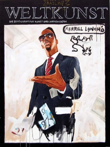 Merrill Lynch’d, 2009, Acrylic and oil stick on canvas, 70” x 54”