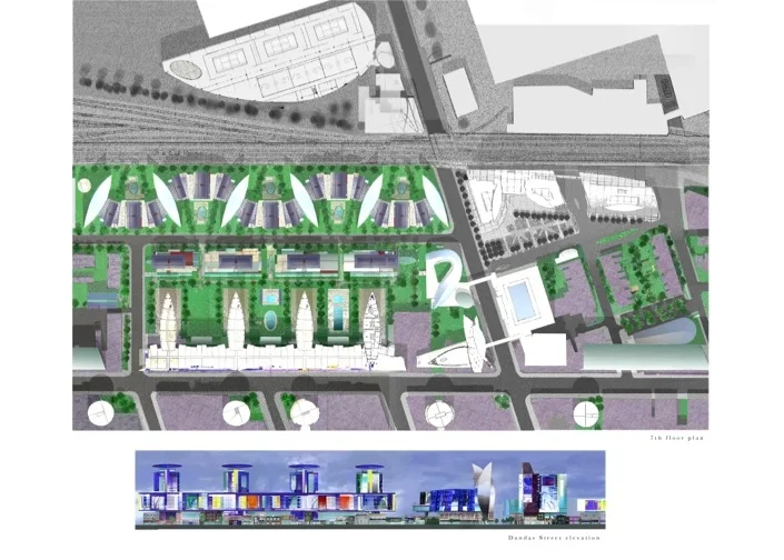 Ribbons of Light 7th floor plan with corresponding Dundas St elevation, 2003