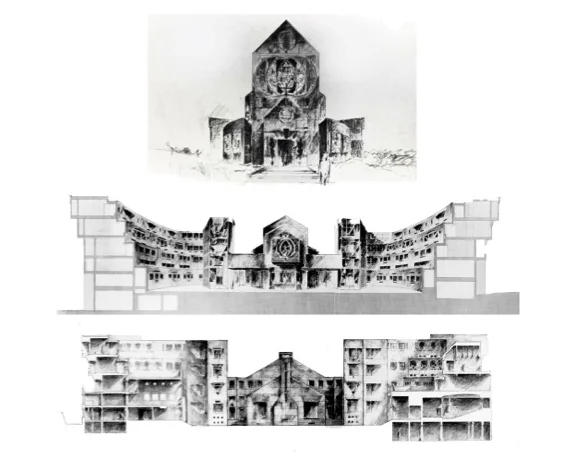 Monastery Proposal, front entry elevation (upper), cross-sectional perspective looking west (middle), cross-section looking east (lower), 1984