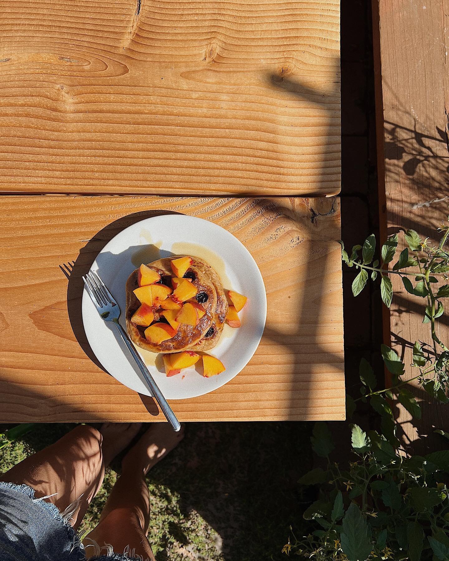 Breakfast in the garden. @sk_cookingclub banana oat blender pancakes with bluebs, topped with maple and @froghollowfarm cal red peaches 🍑