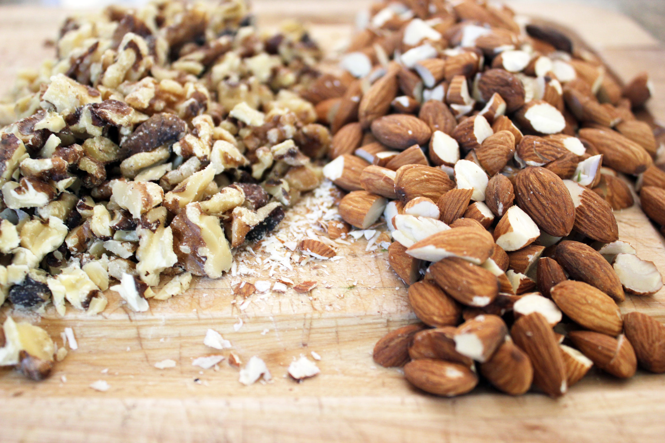 Our current recipe has a mix of chopped walnuts and almonds, but I'll often add pumpkin seeds, sunflower seeds and spoonful of millet for an extra crunch.