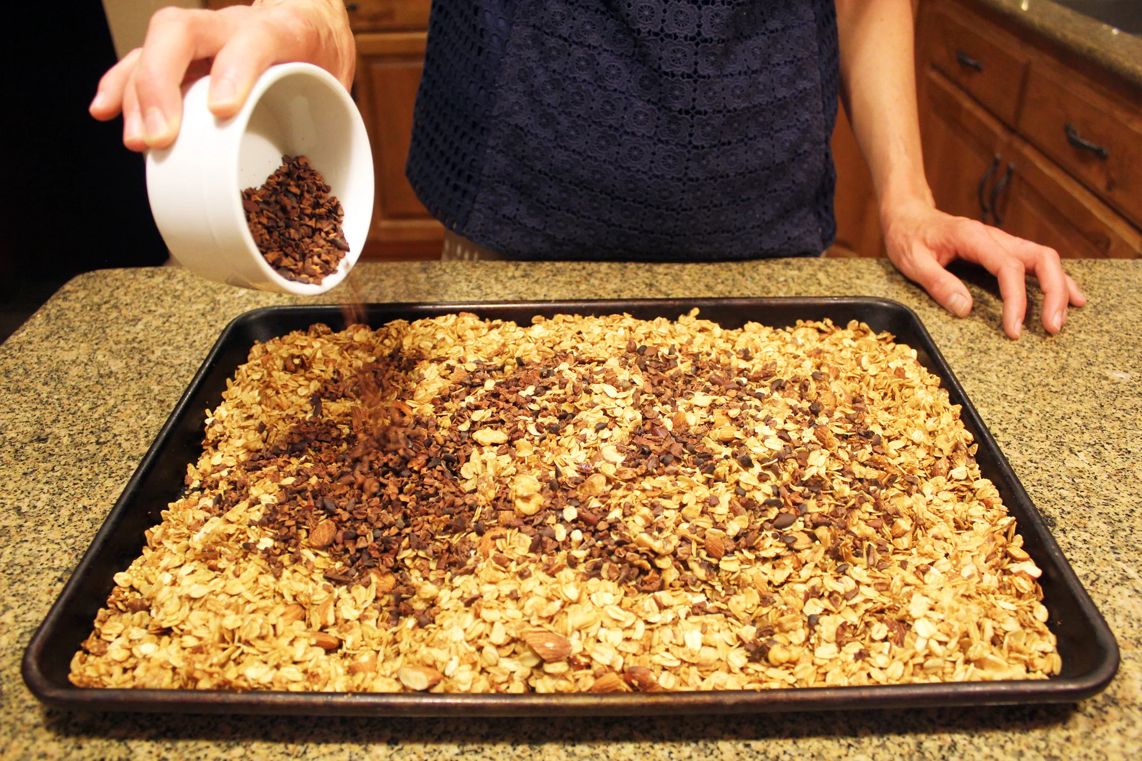 I add the roasted cacao nibs with the dried fruit after the rest of the ingredients have been toasted, as the nibs have already been roasted to a good point for flavor.