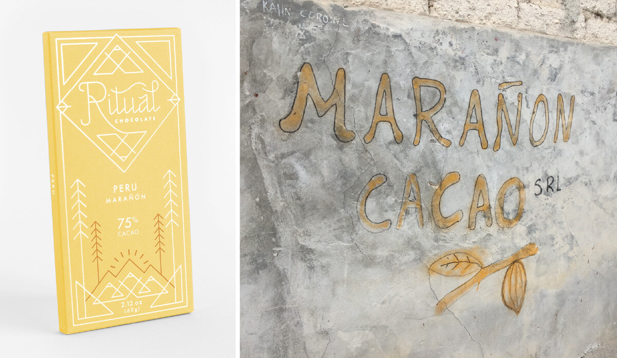 A bright yellow bar of our Peru 75% Cacao Bar, sourced from Marañon Valley cacao. On the right is a photo of a hand painted sign on a concrete wall written in yellow, saying Marañon Cacao, with a decorative drawing of a pod below.