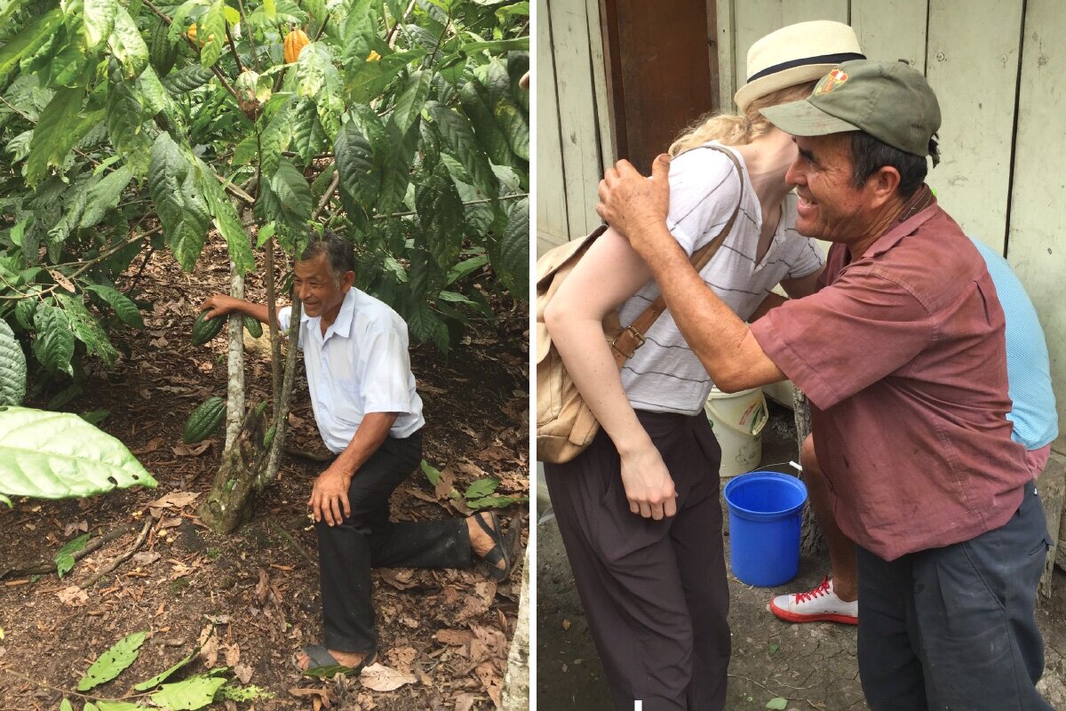 Two images. The first a man with greying hair, medium brown skin, a white shirt &amp; black pants kneels underneath a cacao tree. He has a beautiful smile. In the second Ritual co-founded hugs one of their hosts on their trip in 2017. The host wears…
