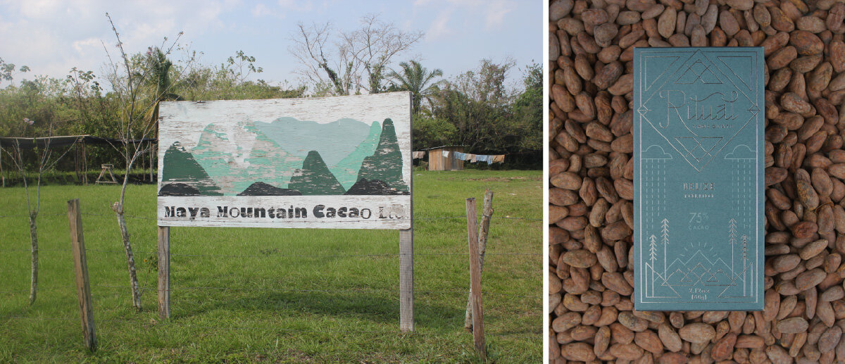 Two photos: one of a worn wooden sign decoratd with teal and blue minimalist mountains, with Maya Mountain Cacao written across the bottom. The second is a photo of our teal Belize 75% Bar on a bed of cacao beans.