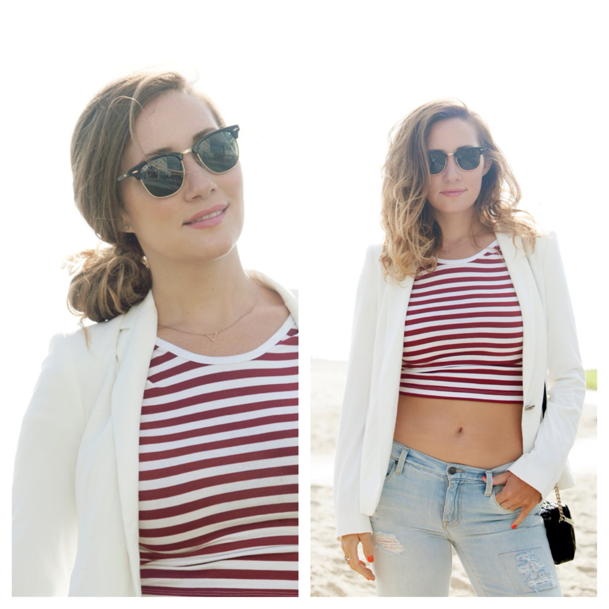 Zara Fabric Blazer. Red Striped Crop-Top, Free People , Sunnies- Ray Ban club master in black.