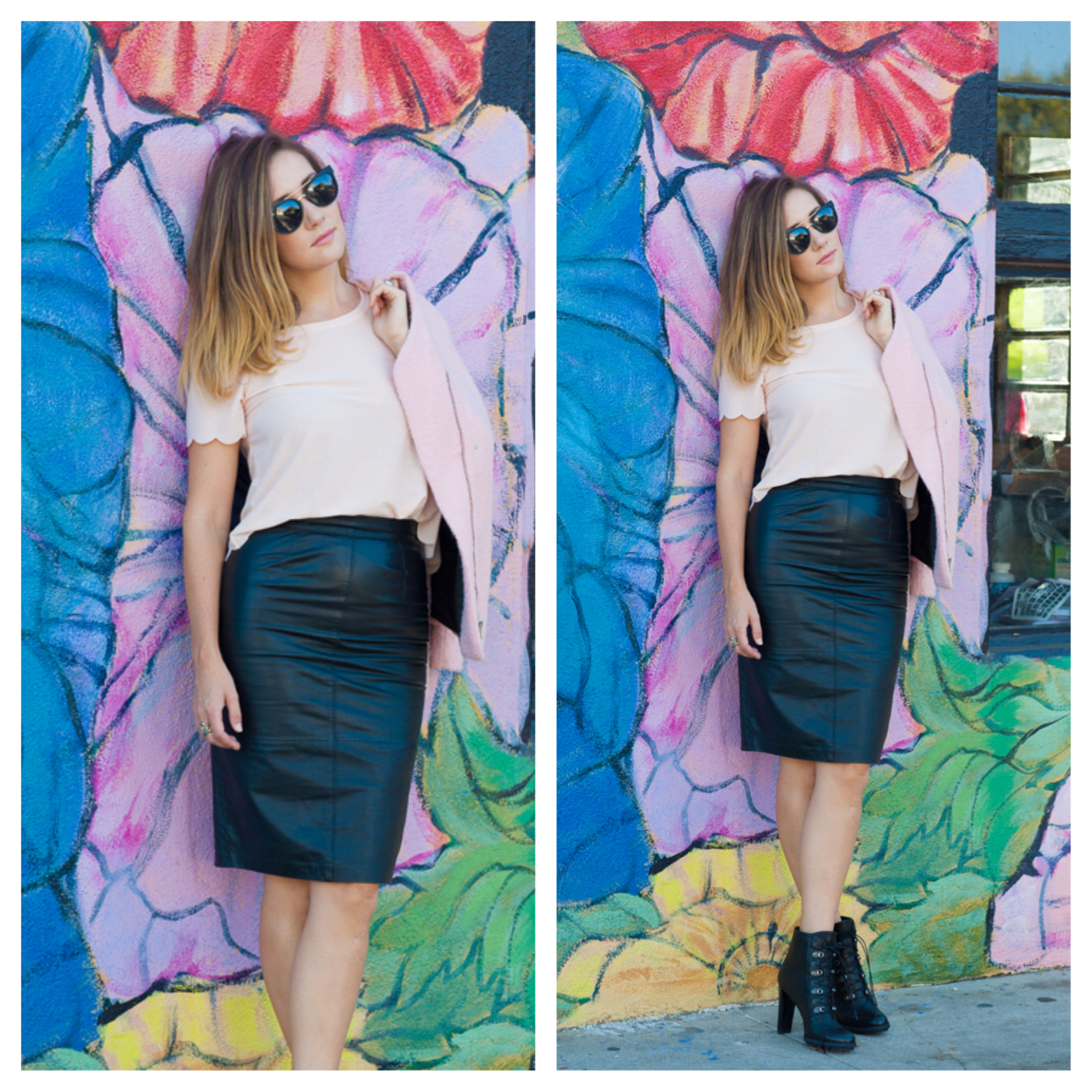 Scallop hem pink top, Topshop . Leather pencil skirt, 80's vintage, Andrew Marc . Sunglasses Quay Australia