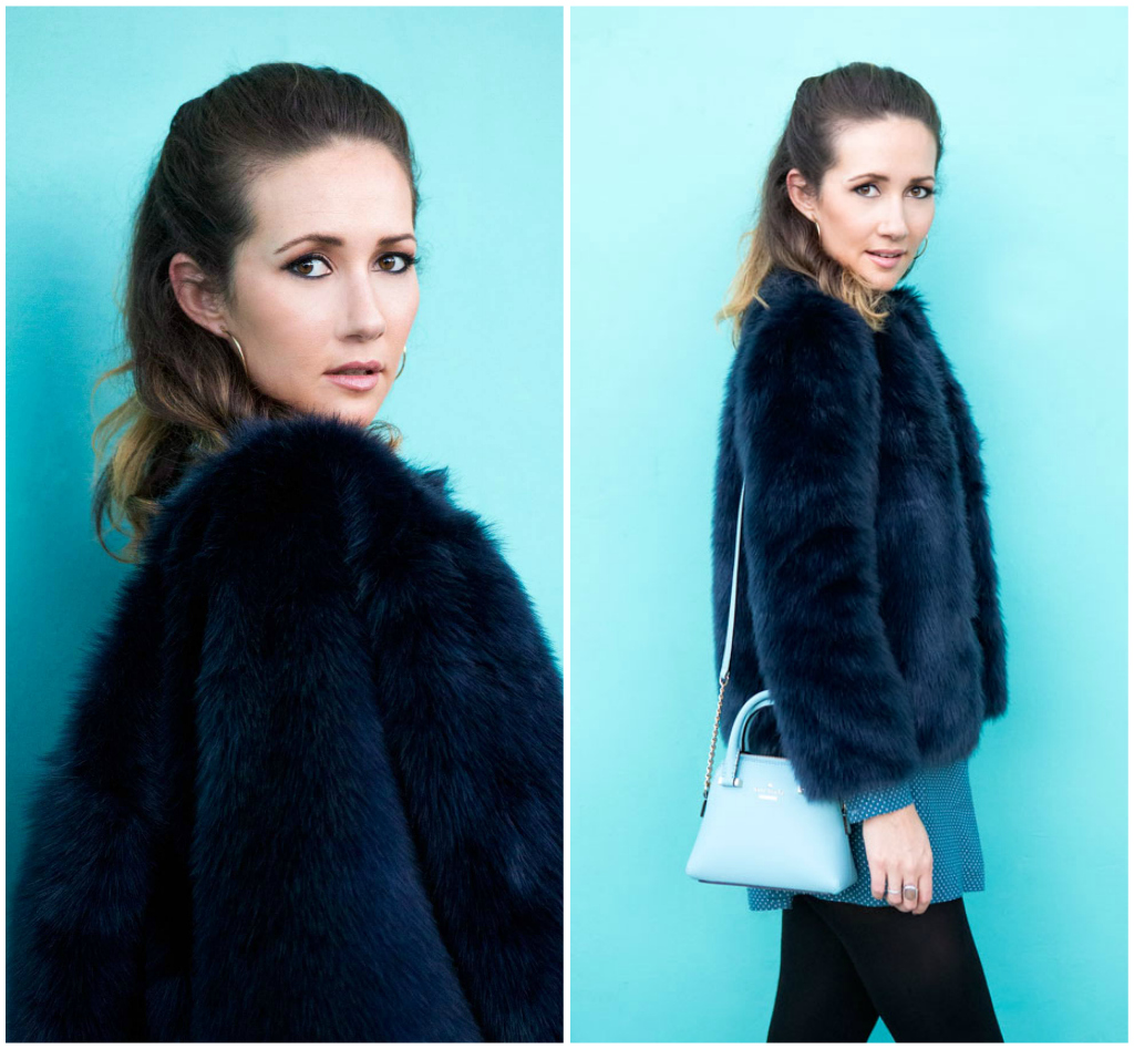 Navy blue faux-fur jacket, Zara . 