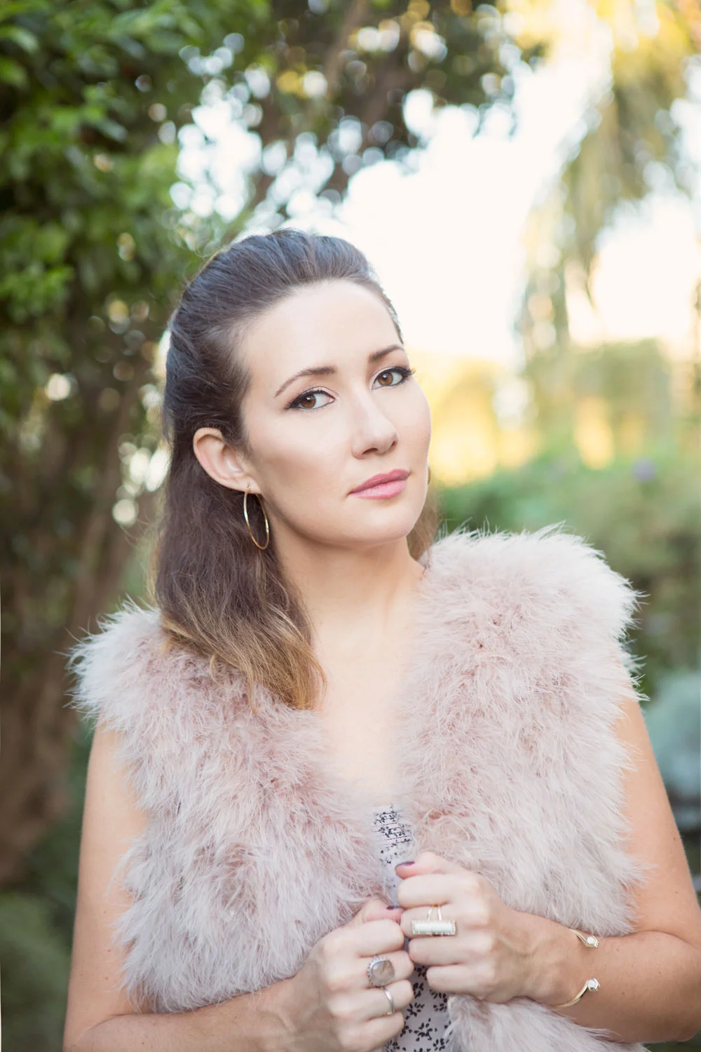 Pink Fur Vest, Zara. Chrysalis Ring & Bracelet, House of Harlow 1960