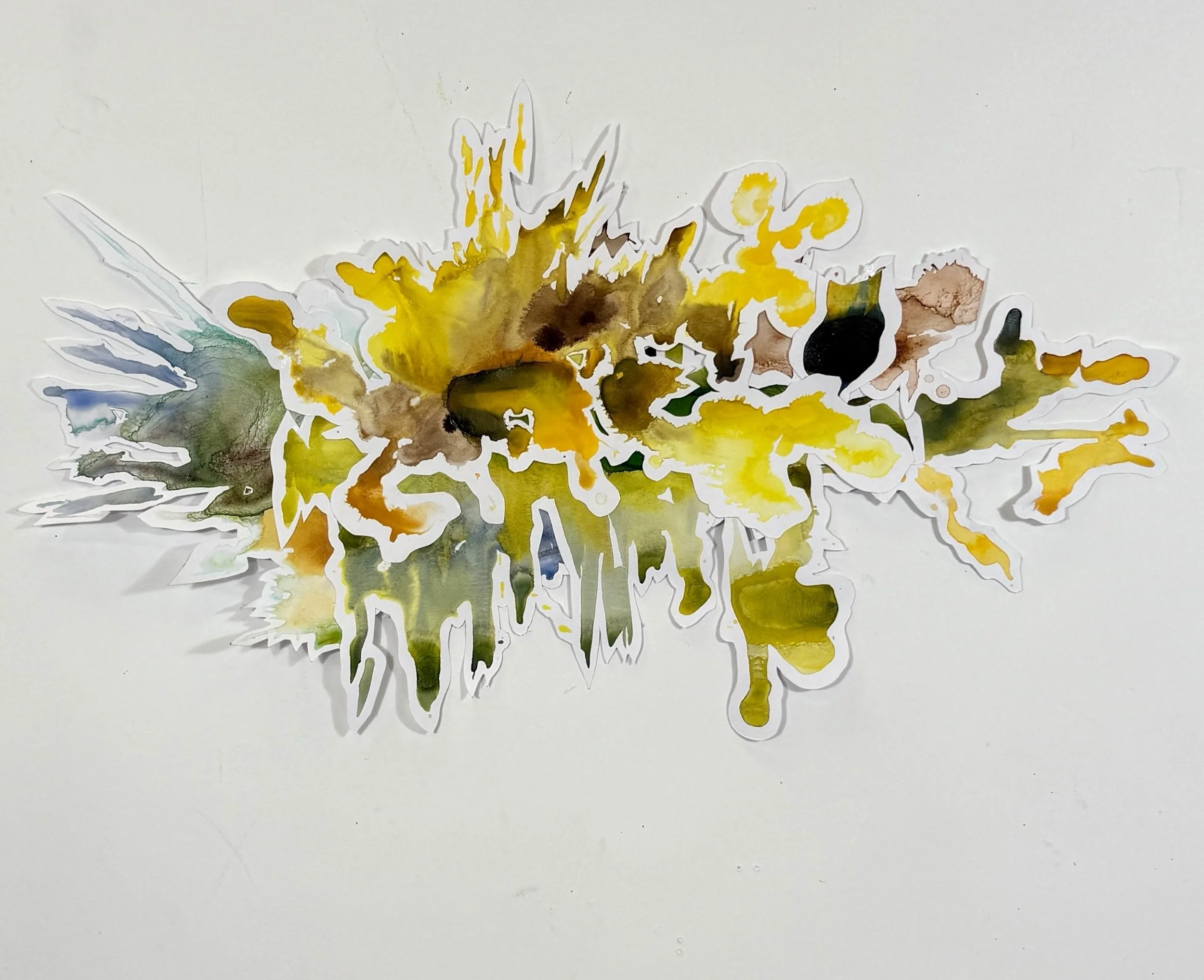 Uit serie Rhizome 2025 - Plateau 106         Collage acrylinkt op 240 gr Fabriano papier op lindehout.           63 x 39 x 2 cm