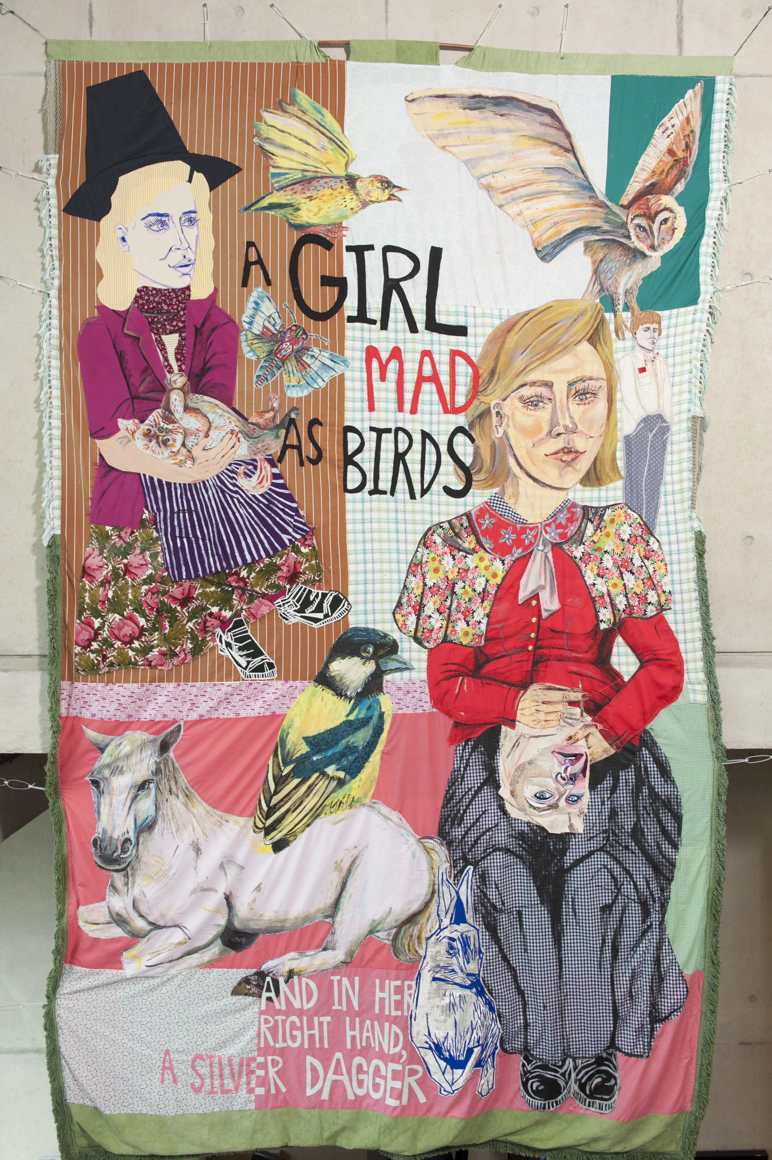   Girl Mad as Birds    270 x 437 cm, Embroidery, beading and acrylic paint appliqué&nbsp;on mixed material       'A stranger has come To share my room in the house not right in the head, A girl mad as birds    Bolting the night of the door with her a