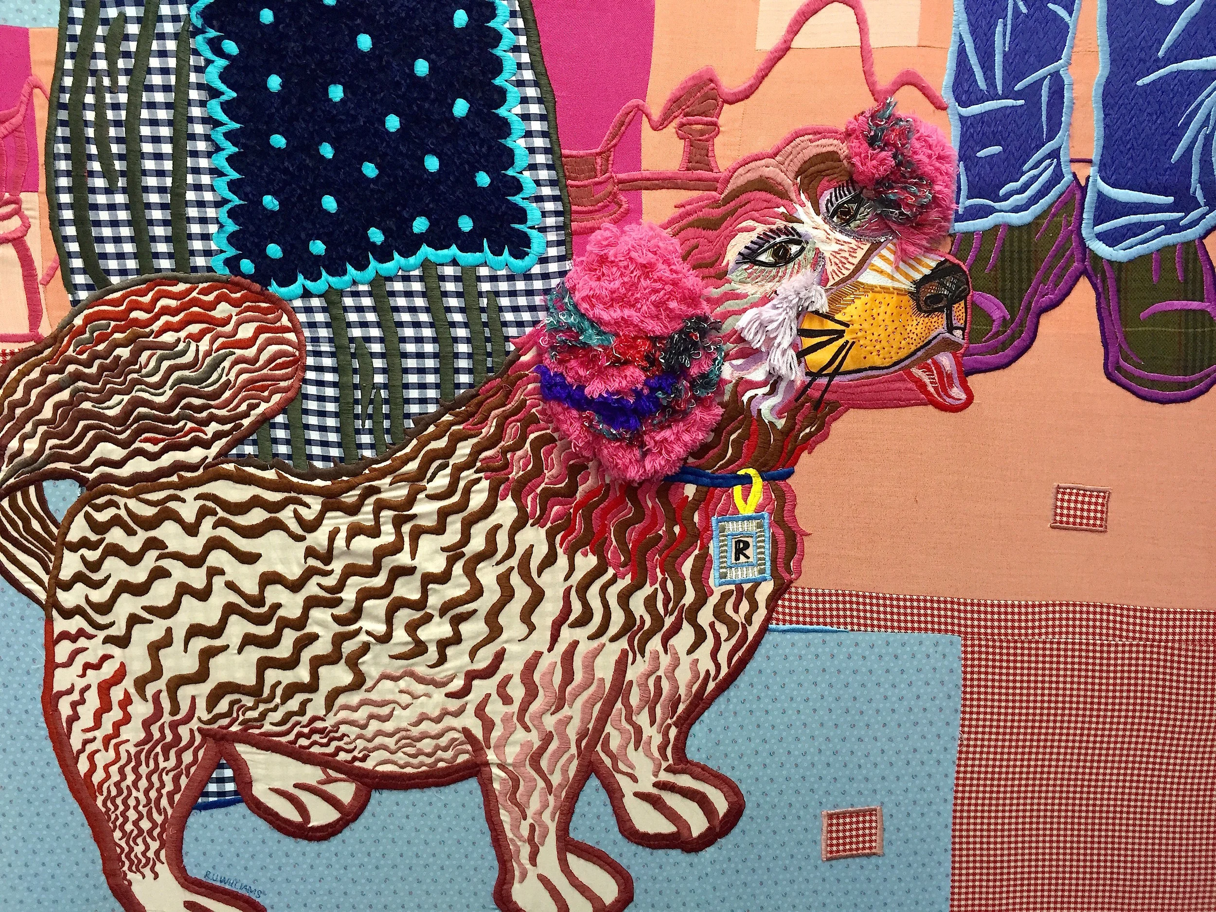  Full image coming soon&nbsp;   Under Milk Wood    130 x 161 cm, Embroidery, beading and applique on mixed material   Inspired by Dylan Thomas and his flamboyant characters from his 'play for words' Under Milk Wood. Her blouse is made from a digital 