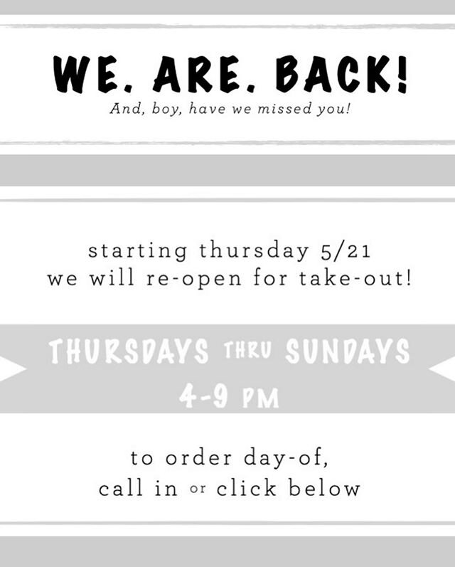 🎈🎈🎈We are SO happy to announce that we will re-open for take-out starting this week!🎈🎈🎈
&bull;
We thank you all for the love and support throughout this time. It means so much, and we look forward to seeing you all again starting this Thursday!