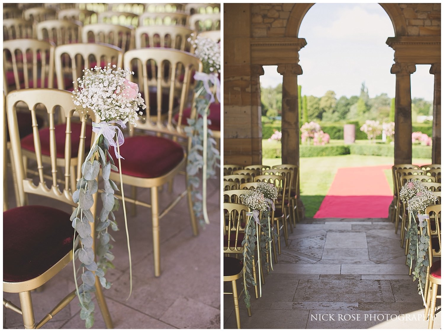  Red carpet and matching gold and red chairs for a Hever Castle civil wedding in Kent 