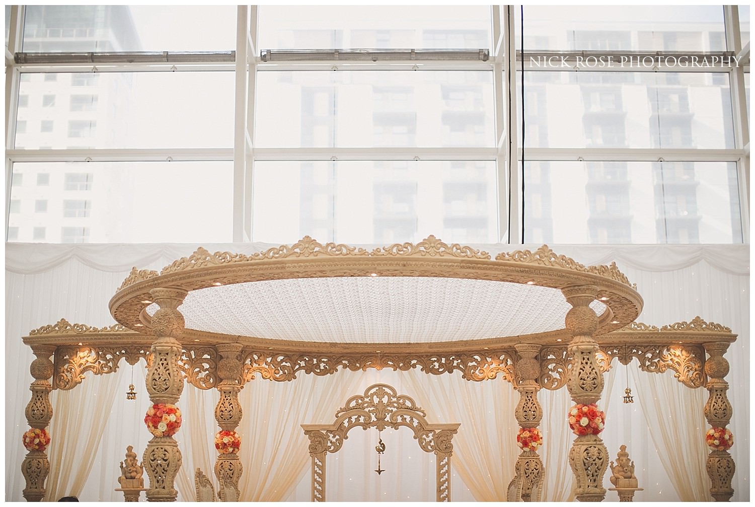  Hindu mandap setup in Canary Wharf in London 