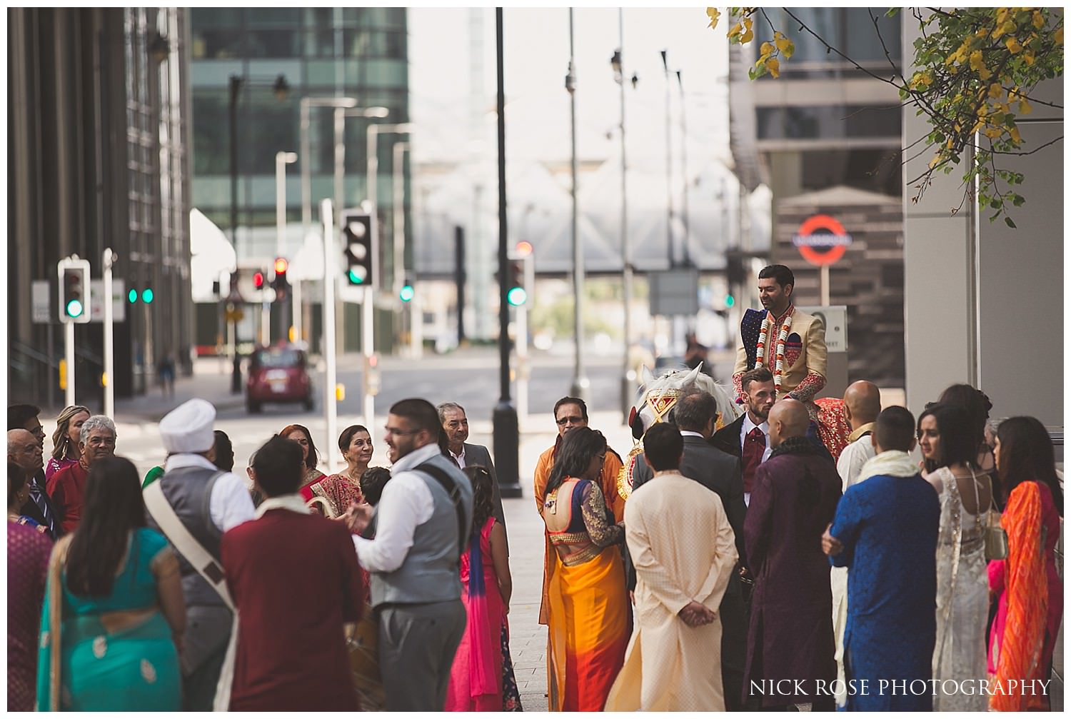  Hindu wedding Baraat with horse entrance at the East Wintergarden in London's Canary Wharf 