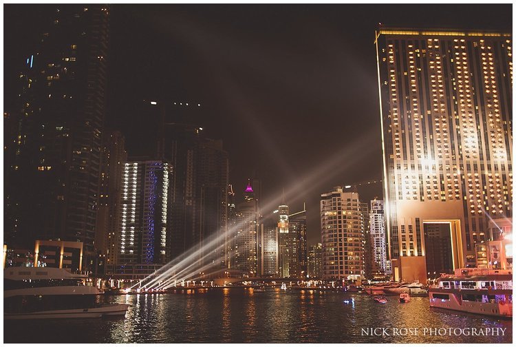 Dubai marina at night during an Indian destination wedding reception