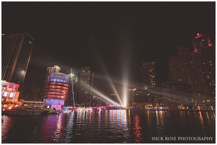  The Dubai Marina Yacht Club at night after a destination Indian wedding 