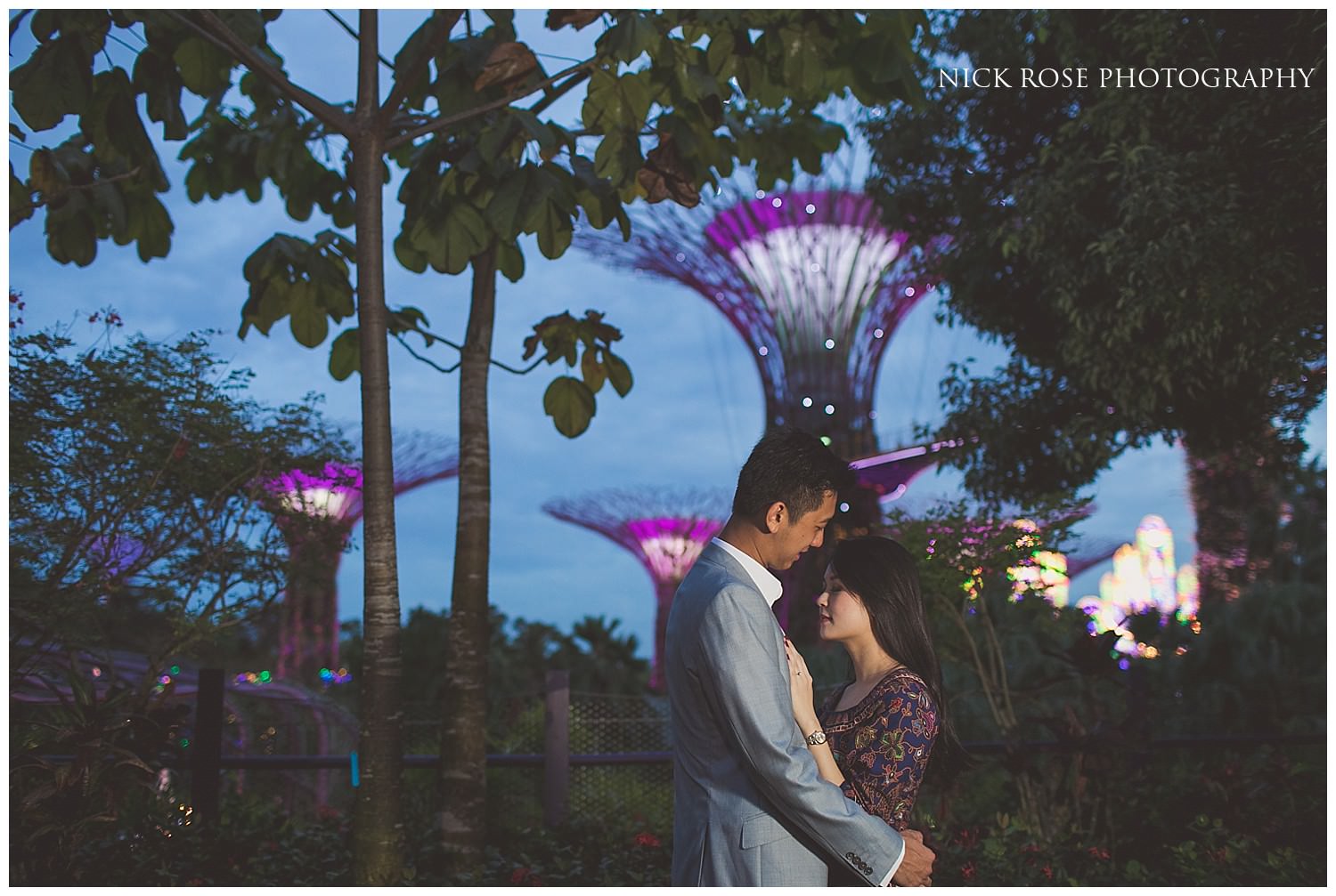  Night time pre wedding photograph of couple embracing at Gardens by the Bay in Singapore 