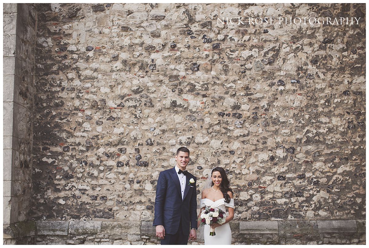  Couple wedding portrait outside St Dunstan's Church in London 