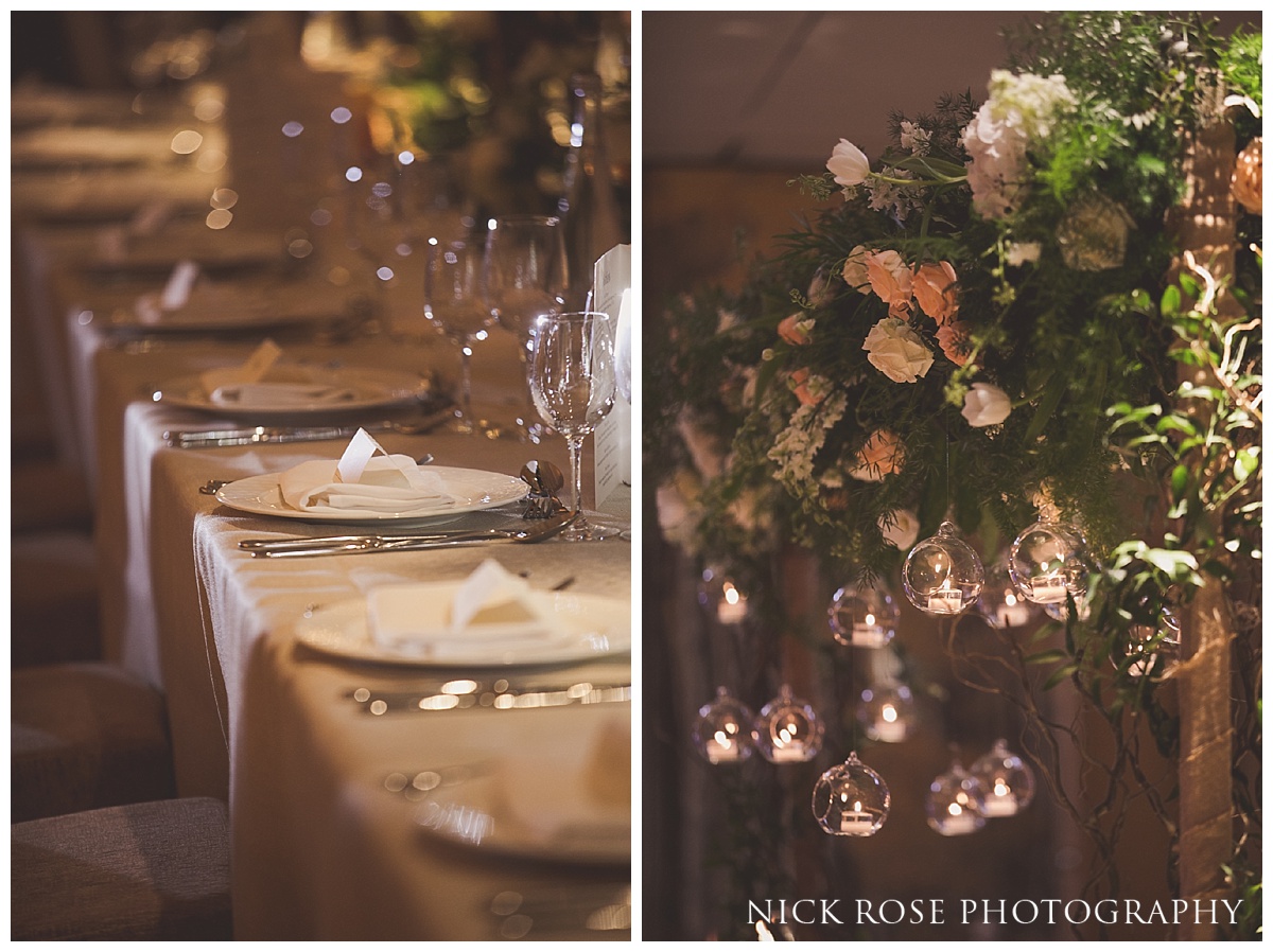  Wedding reception table layout and flowers at The Grove in Watford, Hertfordshire 