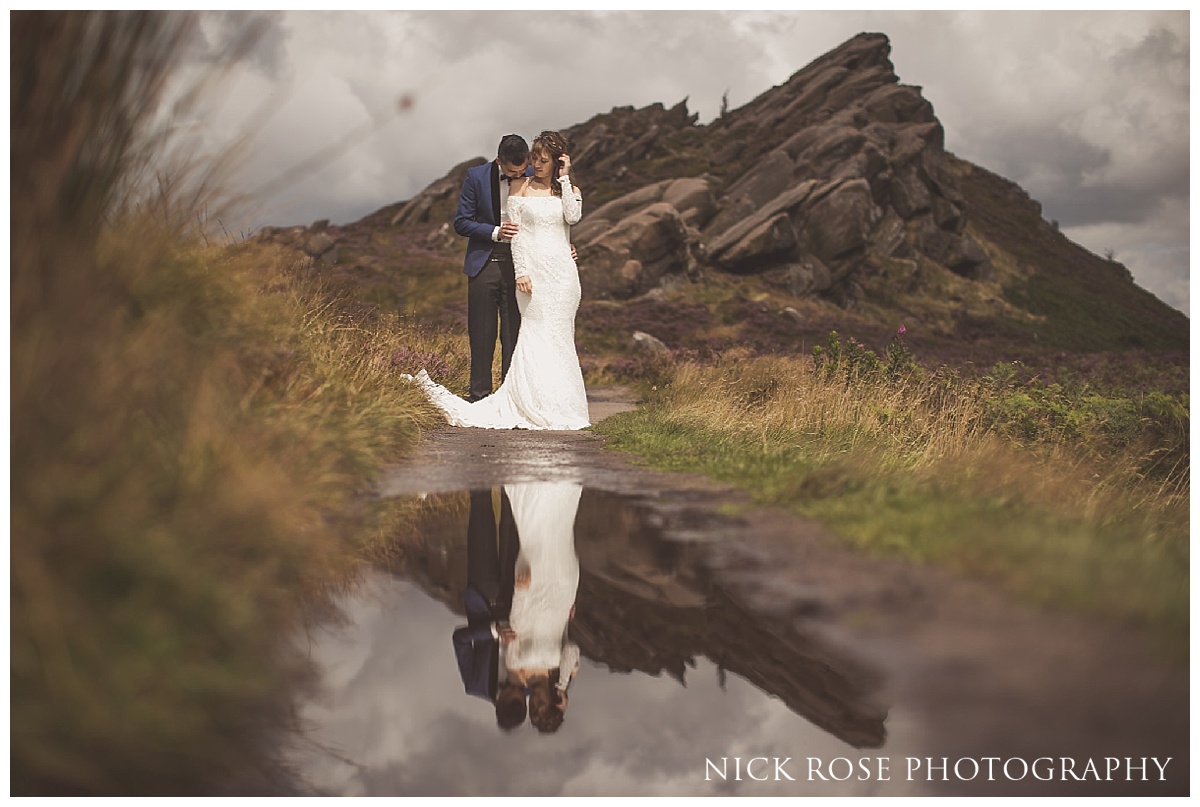 Pre wedding reflection photograph at Ramshaw Rocks in the Peak District, Derbyshire