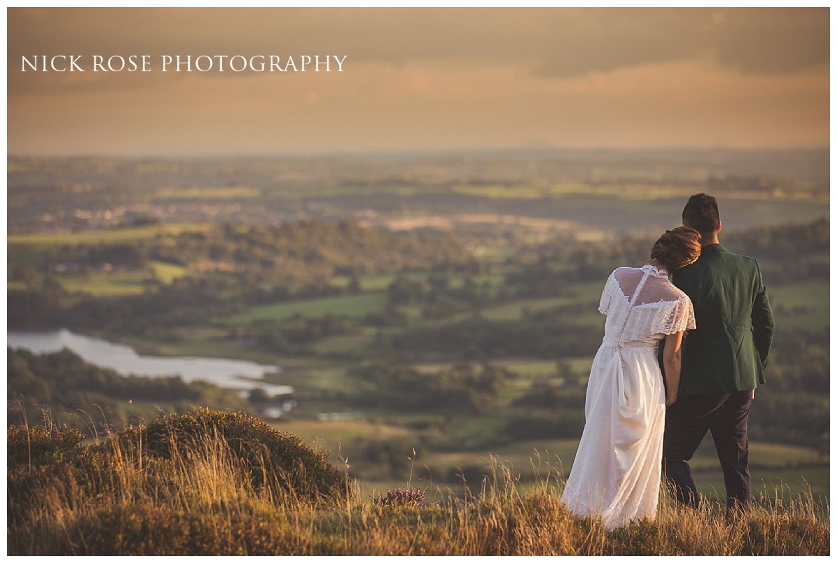 Bride and groom during a sunset pre wedding engagement photography shoot in the Peak District