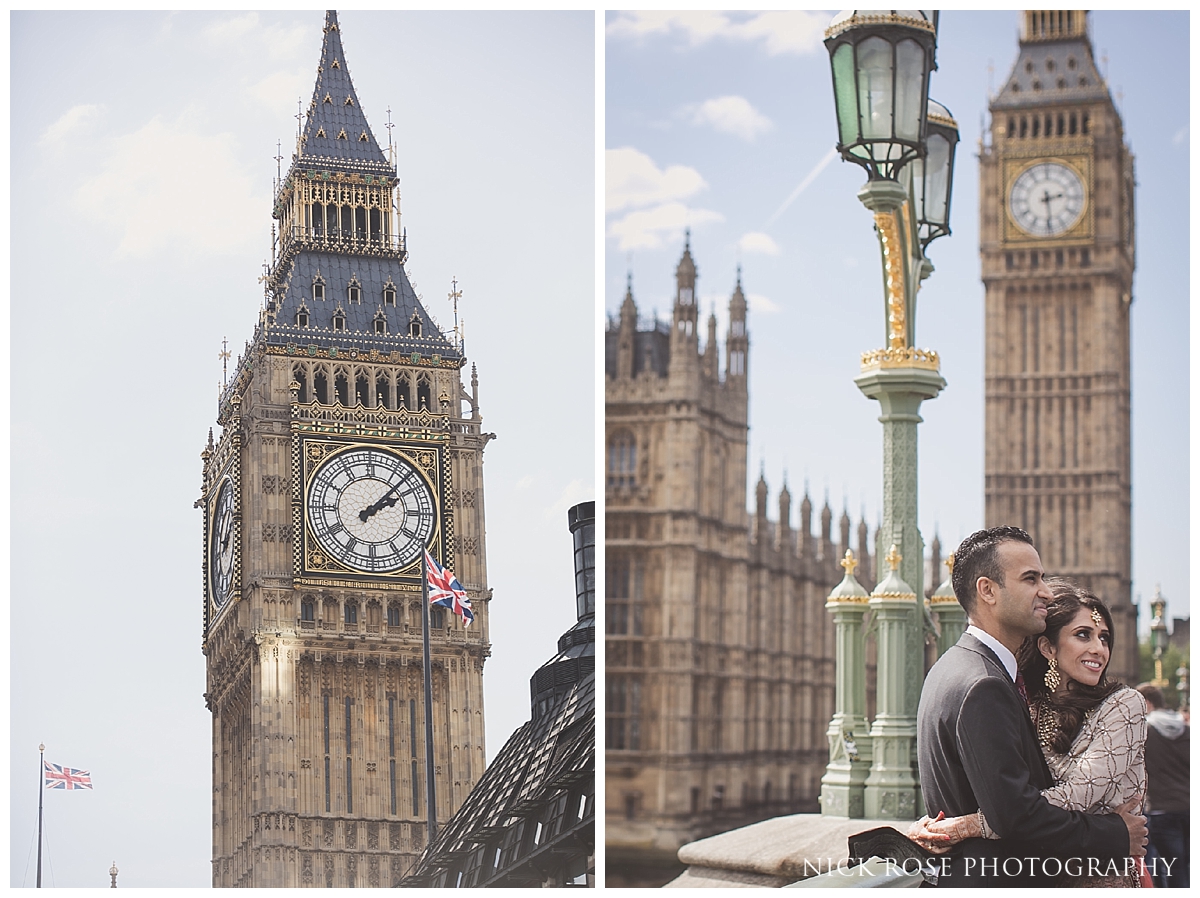  Pakistani pre wedding photography on Westminster Bridge in front of Big Ben for a portrait photography session with Nick Rose Photography 