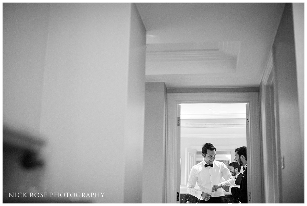 Groom and ushers getting ready for a Savoy London wedding in the UK