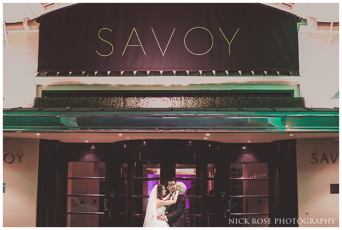 Bride and groom wedding photography portrait at The Savoy in London