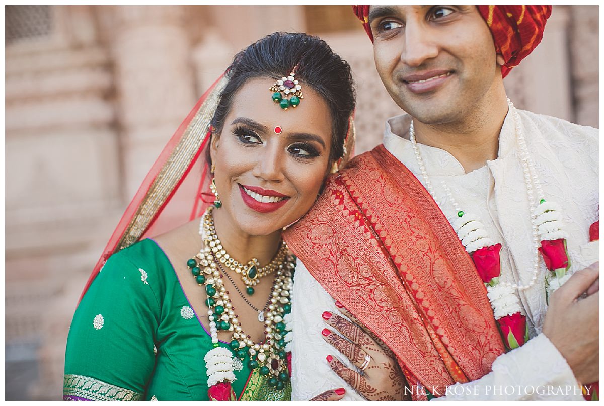  Indian bride and groom wedding photography portrait at the Oshwal Centre in Potters Bar 