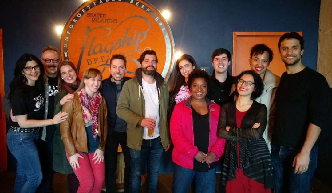 5 x 5 Cast & Creative at the Flagship Brewery in Staten Island. From left to right: Christa Kimlicko-Jones, Judson Jones, Kelsey Sheppard, Heather Arney, Mike McNulty, Matt Savins, Rachel Caplan, Lisha McKoy, Denver Crawford, Julia Rae Maldonado, Ian Fields Stewart, and Jeff Gorcyca. 