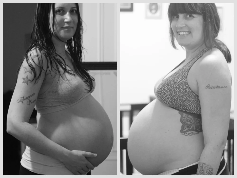 On the left is Luna at 36 weeks in March 2014 and on the right this little one at 36 weeks, July 2015