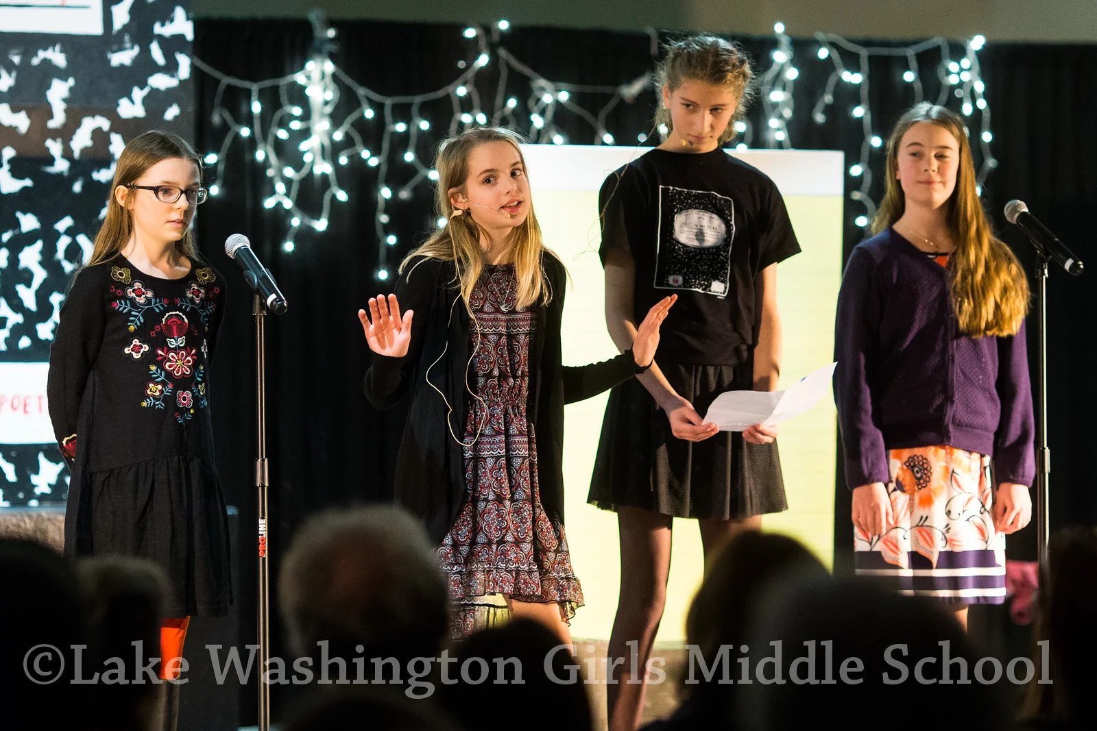 Lake Washington Girls Middle School's Festival of Lights, a night of poetry, in Seattle on Thursday, December 15, 2016. Photo by Dan DeLong
